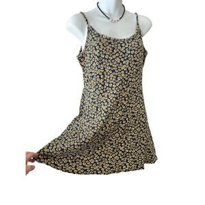Vintage 90s Y2K cotton ribbed tank mini dress sunflowers casual sundress Med